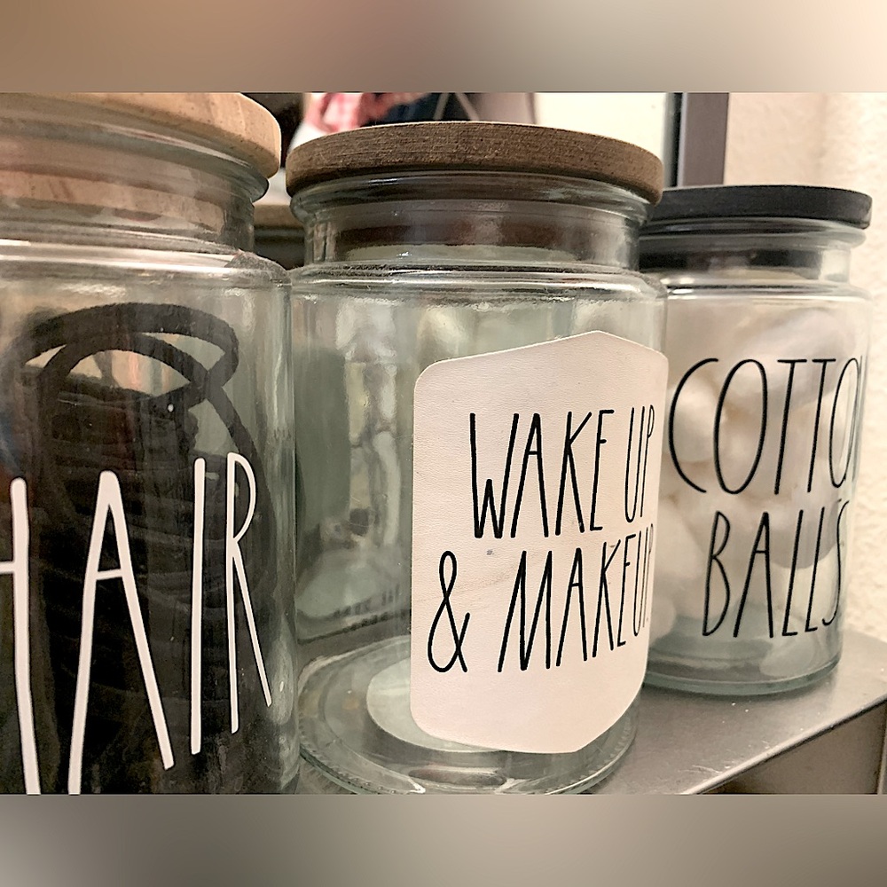 Rae Dunn trendy set of glass storage bathroom containers